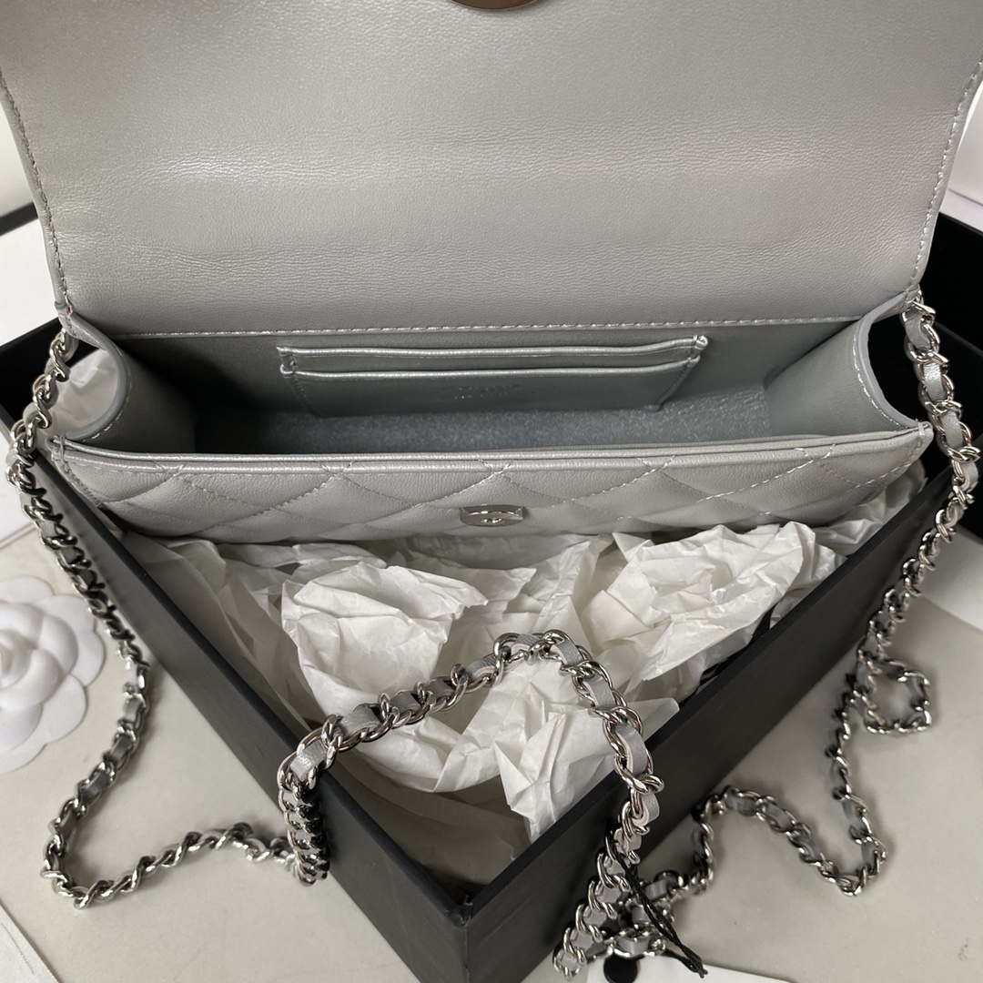 Chanel AP3238 Flap Chain Bag Gray Lambskin Gold With Handle Bag | chanel ap3238 flap chain bag gray lambskin gold with handle bag 008