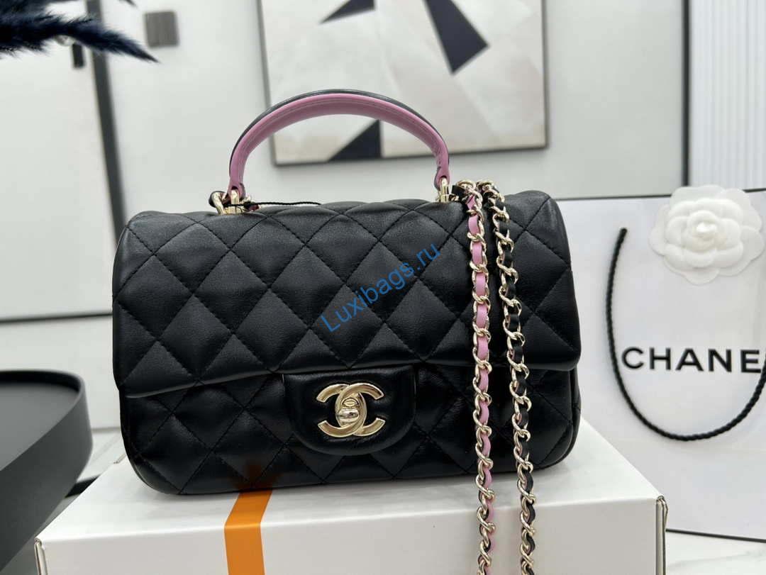 Chanel AS2431 Mini flap Black with Pink Lambskin bag with top handle Gold | chanel as2431 mini flap black with pink lambskin bag with top handle gold 002