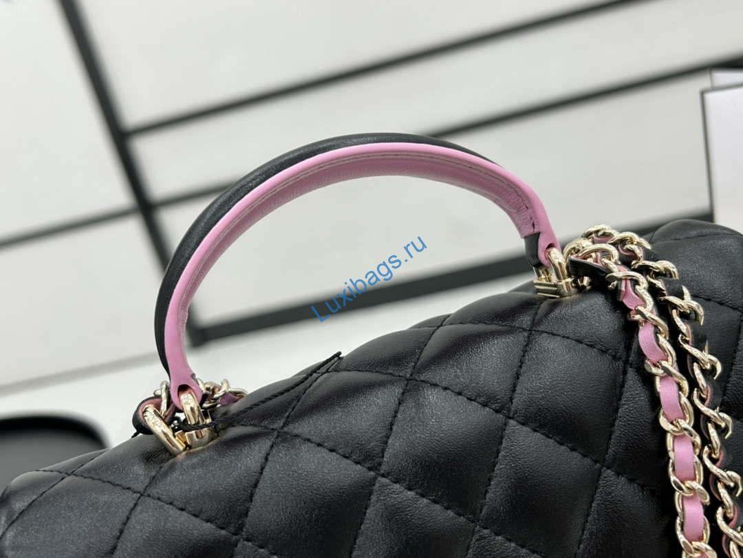 Chanel AS2431 Mini flap Black with Pink Lambskin bag with top handle Gold | chanel as2431 mini flap black with pink lambskin bag with top handle gold 003