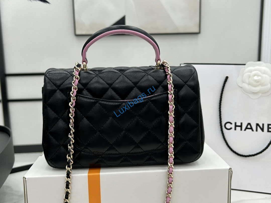 Chanel AS2431 Mini flap Black with Pink Lambskin bag with top handle Gold | chanel as2431 mini flap black with pink lambskin bag with top handle gold 004
