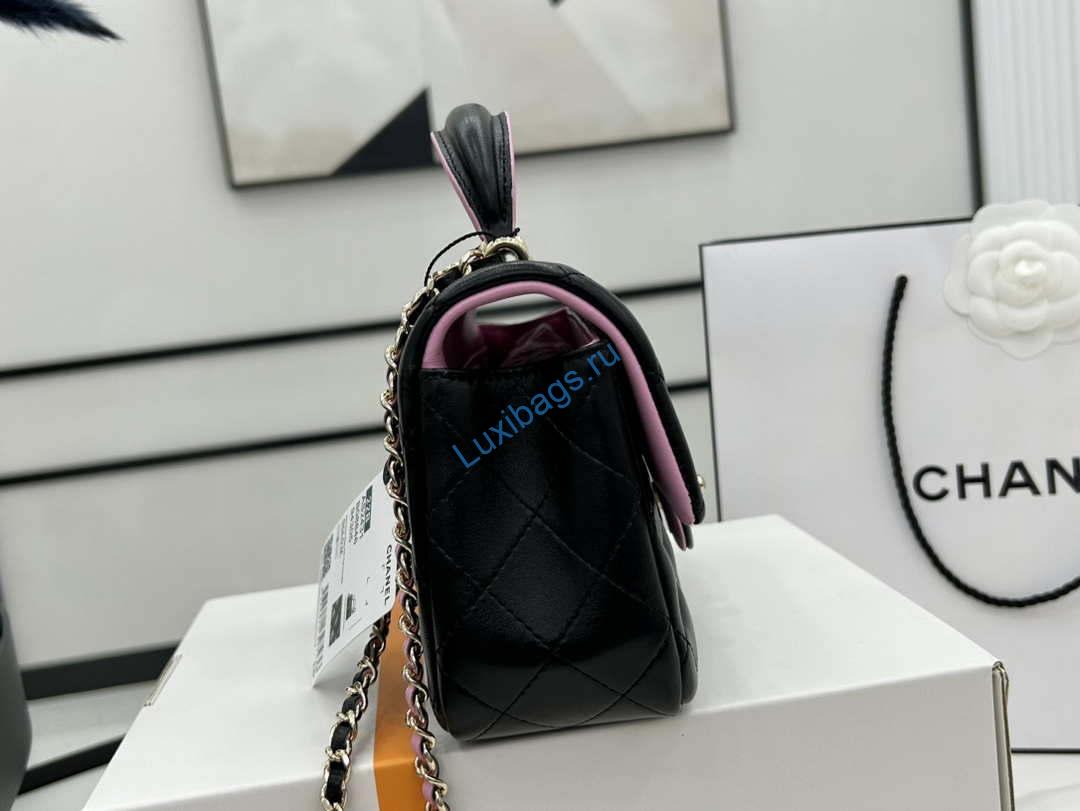 Chanel AS2431 Mini flap Black with Pink Lambskin bag with top handle Gold | chanel as2431 mini flap black with pink lambskin bag with top handle gold 005