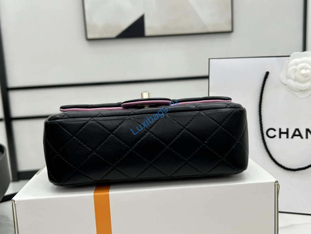 Chanel AS2431 Mini flap Black with Pink Lambskin bag with top handle Gold | chanel as2431 mini flap black with pink lambskin bag with top handle gold 006