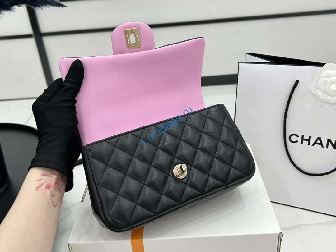 Chanel AS2431 Mini flap Black with Pink Lambskin bag with top handle Gold | chanel as2431 mini flap black with pink lambskin bag with top handle gold 007