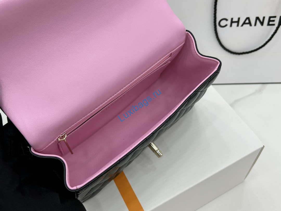 Chanel AS2431 Mini flap Black with Pink Lambskin bag with top handle Gold | chanel as2431 mini flap black with pink lambskin bag with top handle gold 008