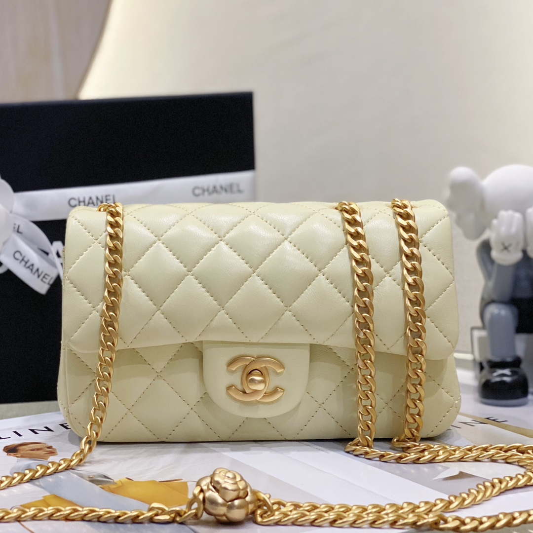 Chanel AS3041 Flap Classic Bag CF Camellia Lambskin Light Yellow Gold | chanel as3041 flap classic bag cf camellia lambskin light yellow gold 002