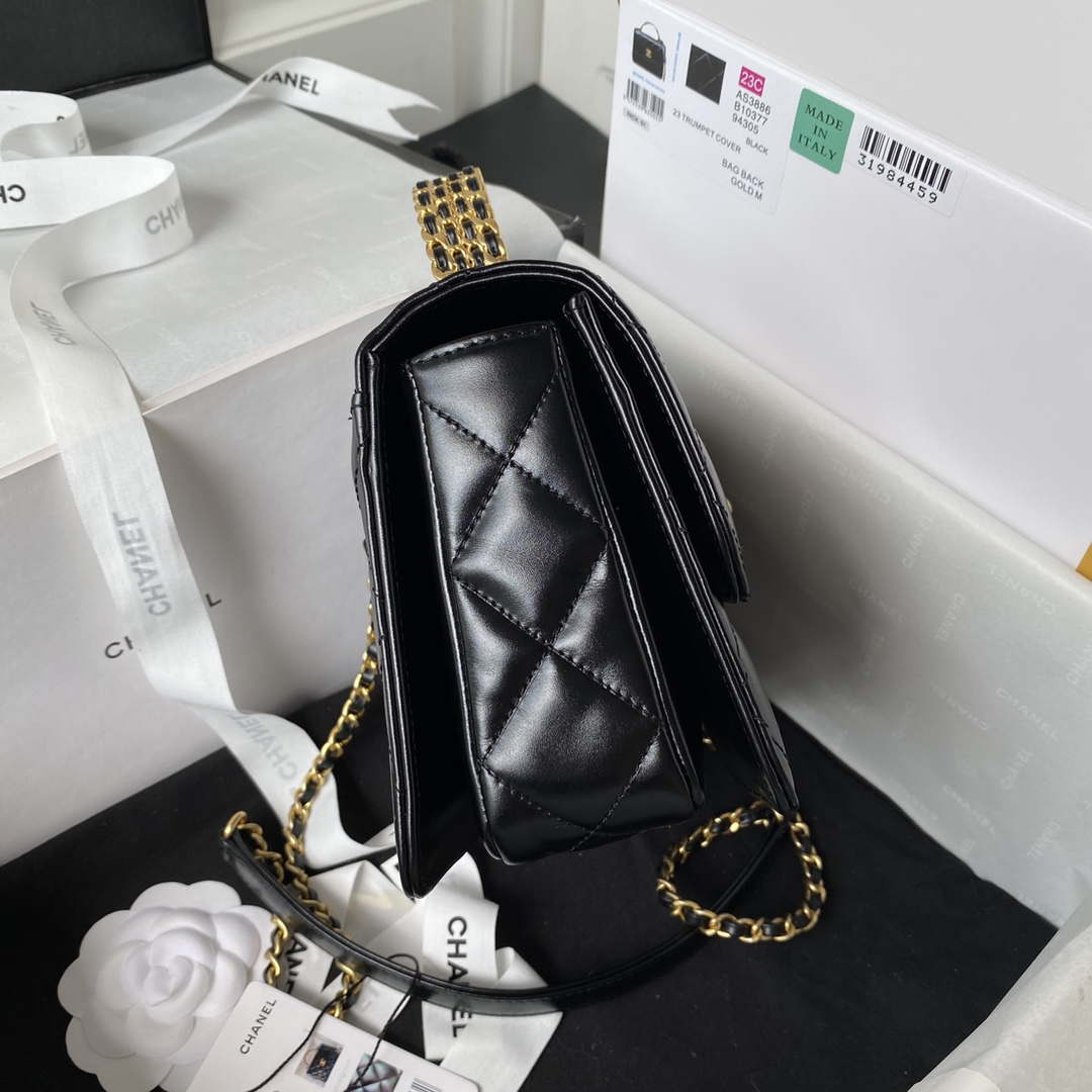 Chanel AS3886 Mini Flap Bag With Top Handle Shiny Calfskin Black Gold | chanel as3886 mini flap bag with top handle shiny calfskin black gold 005