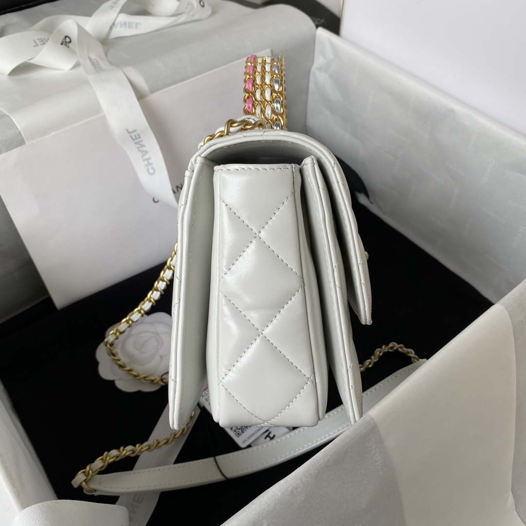 Chanel AS3886 Mini Flap Bag With Top Handle Shiny Calfskin White Gold | chanel as3886 mini flap bag with top handle shiny calfskin white gold 004