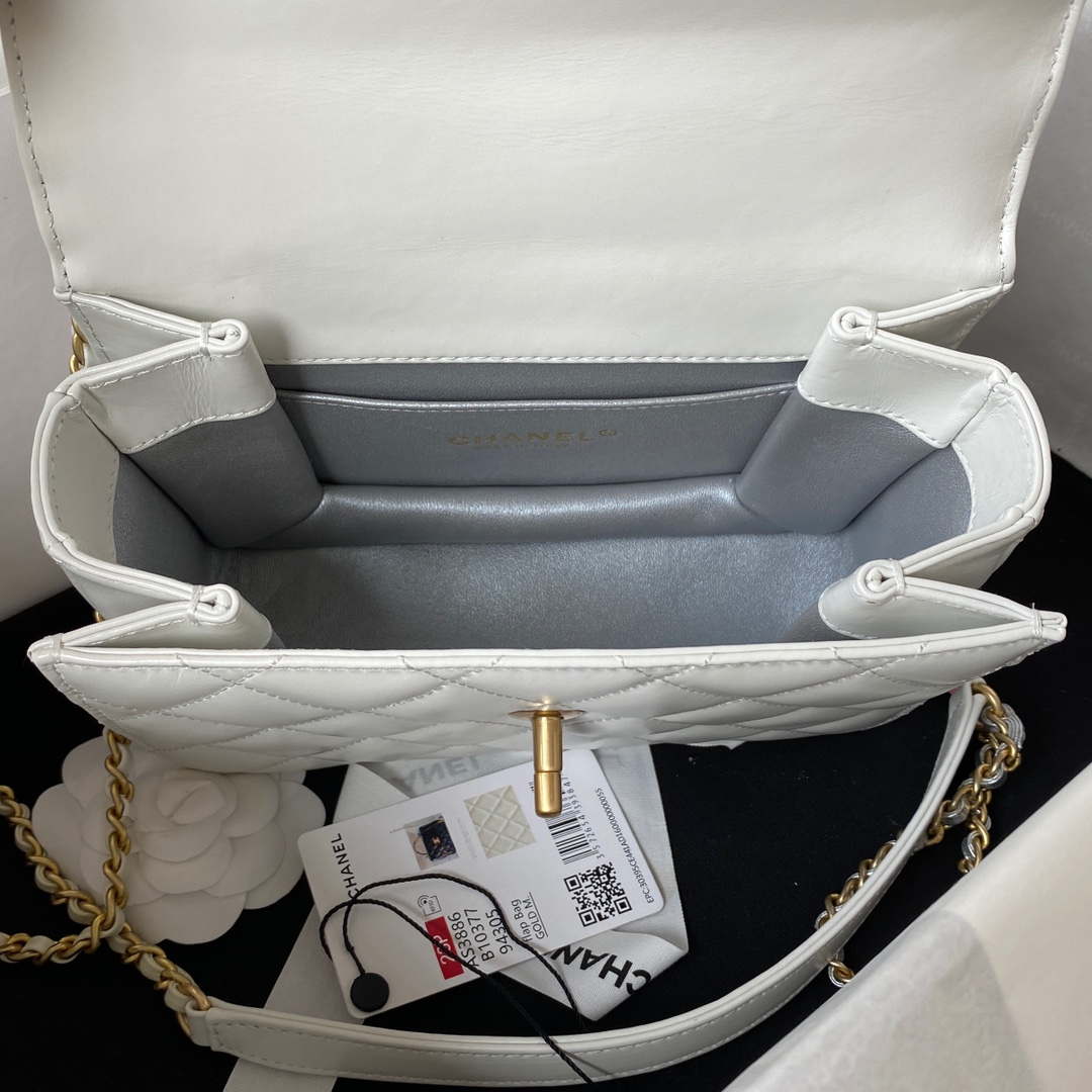 Chanel AS3886 Mini Flap Bag With Top Handle Shiny Calfskin White Gold | chanel as3886 mini flap bag with top handle shiny calfskin white gold 006