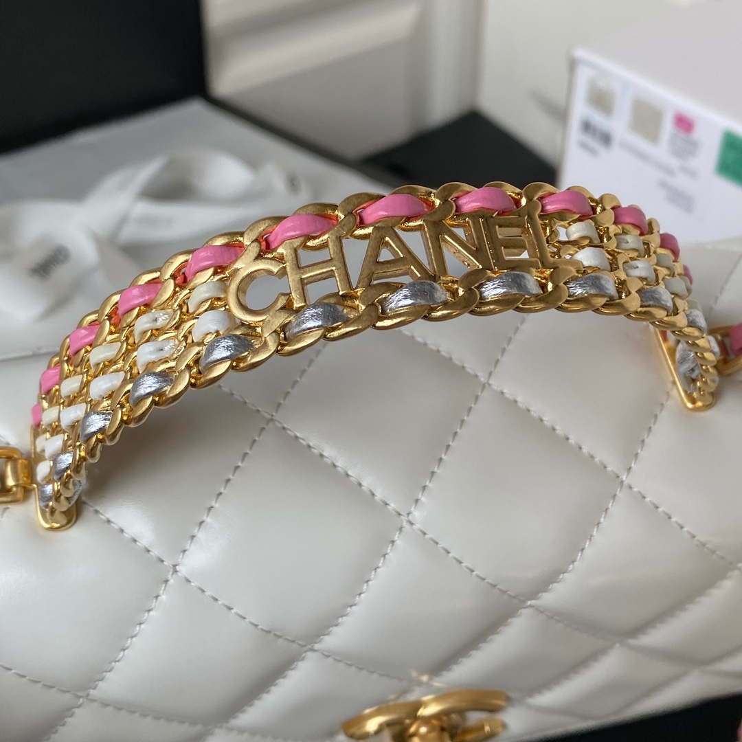 Chanel AS3886 Mini Flap Bag With Top Handle Shiny Calfskin White Gold | chanel as3886 mini flap bag with top handle shiny calfskin white gold 009