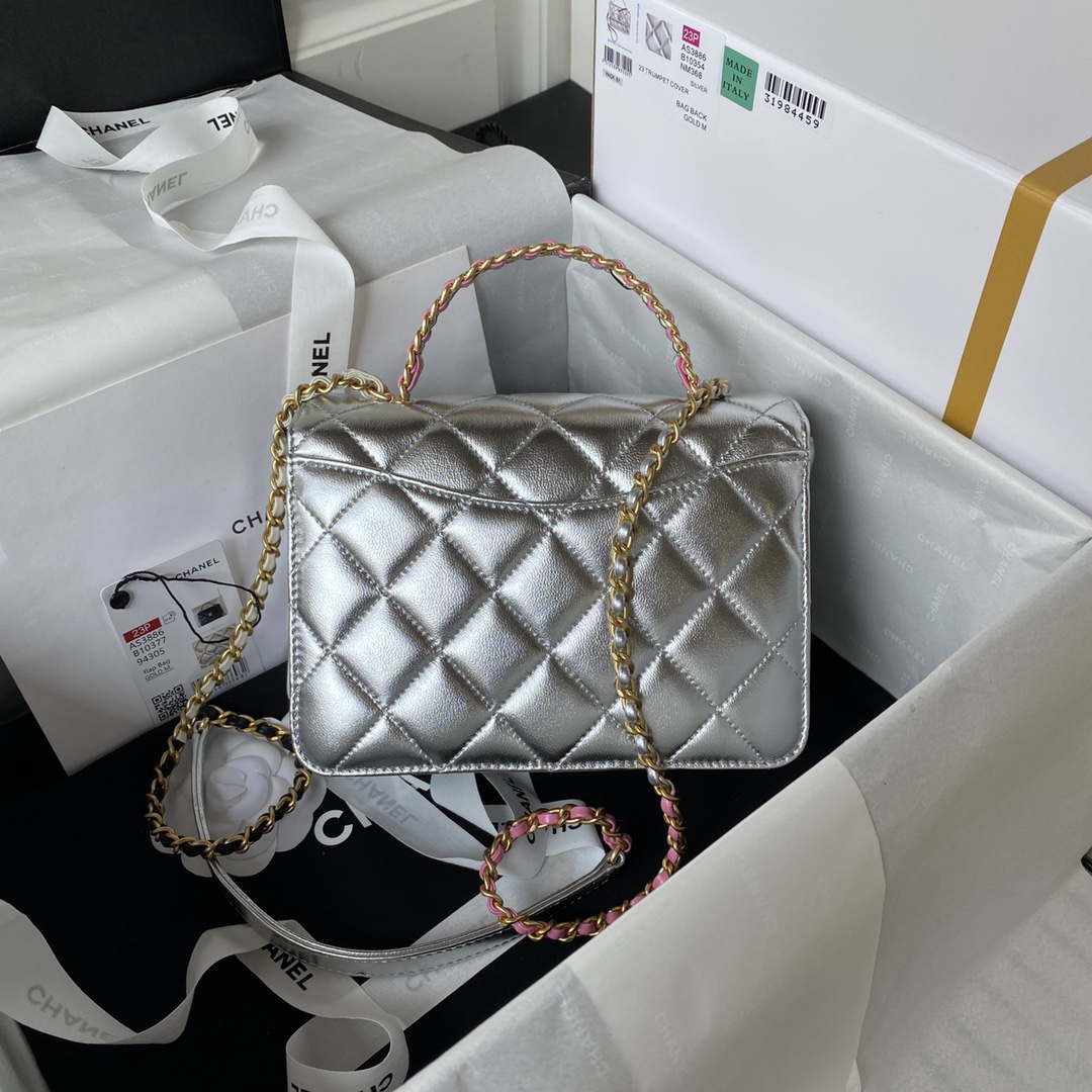Chanel AS3886 Mini Flap Bag With Top Handle Shiny Silver Calfskin Gold | chanel as3886 mini flap bag with top handle shiny silver calfskin gold 002