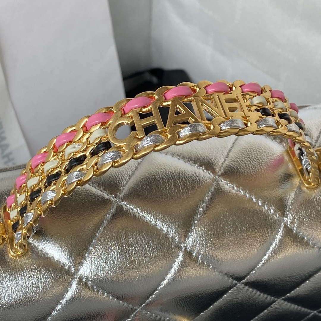 Chanel AS3886 Mini Flap Bag With Top Handle Shiny Silver Calfskin Gold | chanel as3886 mini flap bag with top handle shiny silver calfskin gold 004