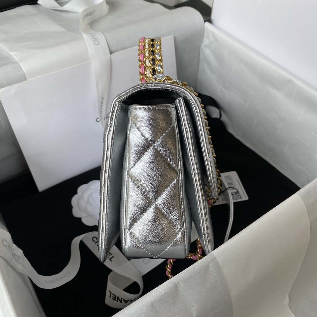 Chanel AS3886 Mini Flap Bag With Top Handle Shiny Silver Calfskin Gold | chanel as3886 mini flap bag with top handle shiny silver calfskin gold 005