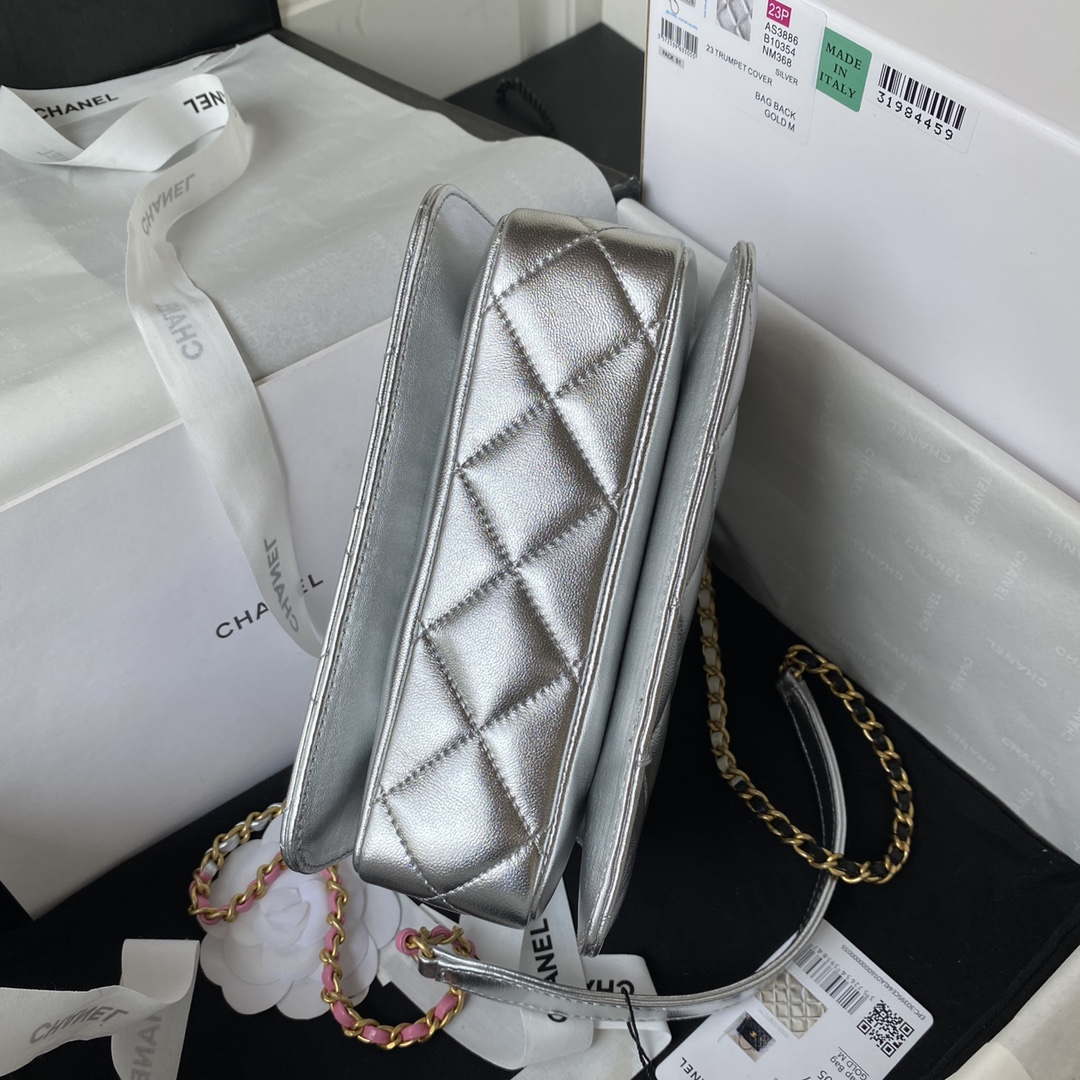 Chanel AS3886 Mini Flap Bag With Top Handle Shiny Silver Calfskin Gold | chanel as3886 mini flap bag with top handle shiny silver calfskin gold 006
