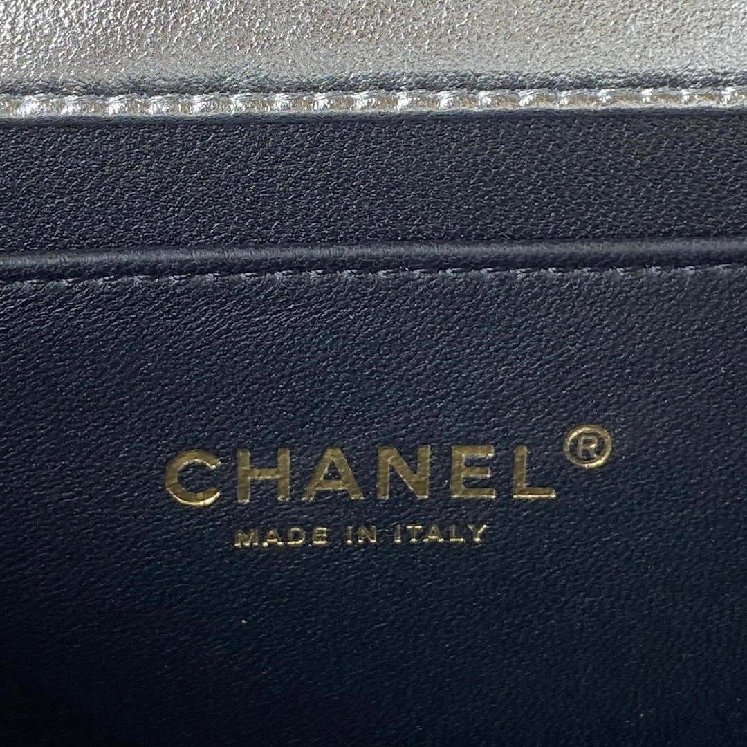 Chanel AS3886 Mini Flap Bag With Top Handle Shiny Silver Calfskin Gold | chanel as3886 mini flap bag with top handle shiny silver calfskin gold 008
