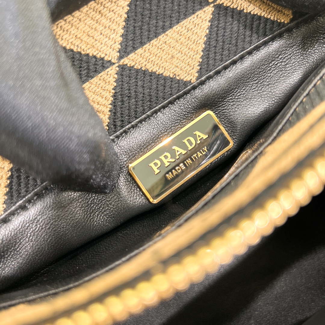 Prada 1BA368 From The Runway Small embroidered fabric Prada Symbole bag Black and Beige | prada 1ba368 from the runway small embroidered fabric prada symbole bag 018
