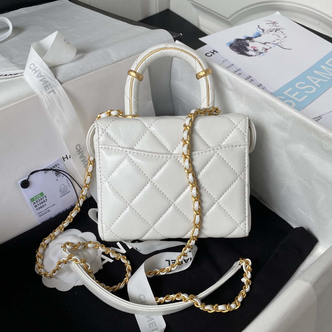 Chanel AS3973 Small Vanity Case Lambskin bag White | chanel as3973 small vanity case lambskin bag with top handle white gold 002