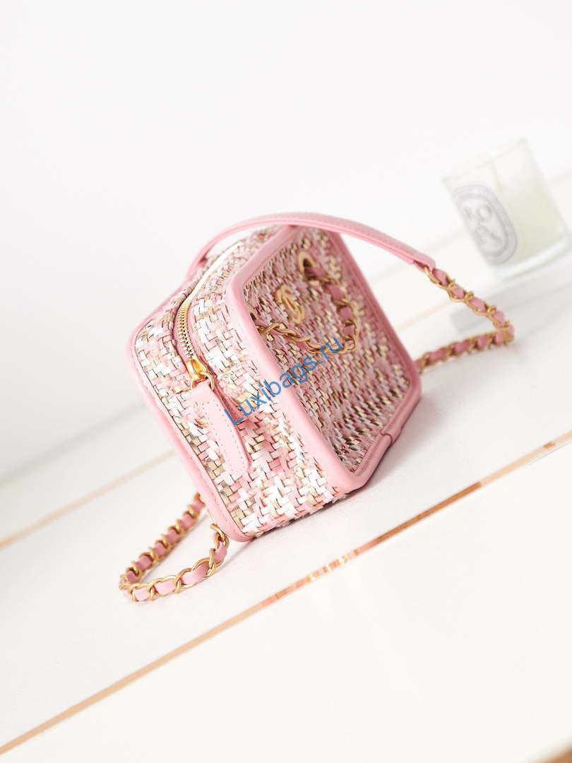 Chanel AS3768 Small Camera Case Lambskin Viscose Weaving Pink & White Gold | chanel small camera case lambskin viscose weaving gold tone metal pink white 003