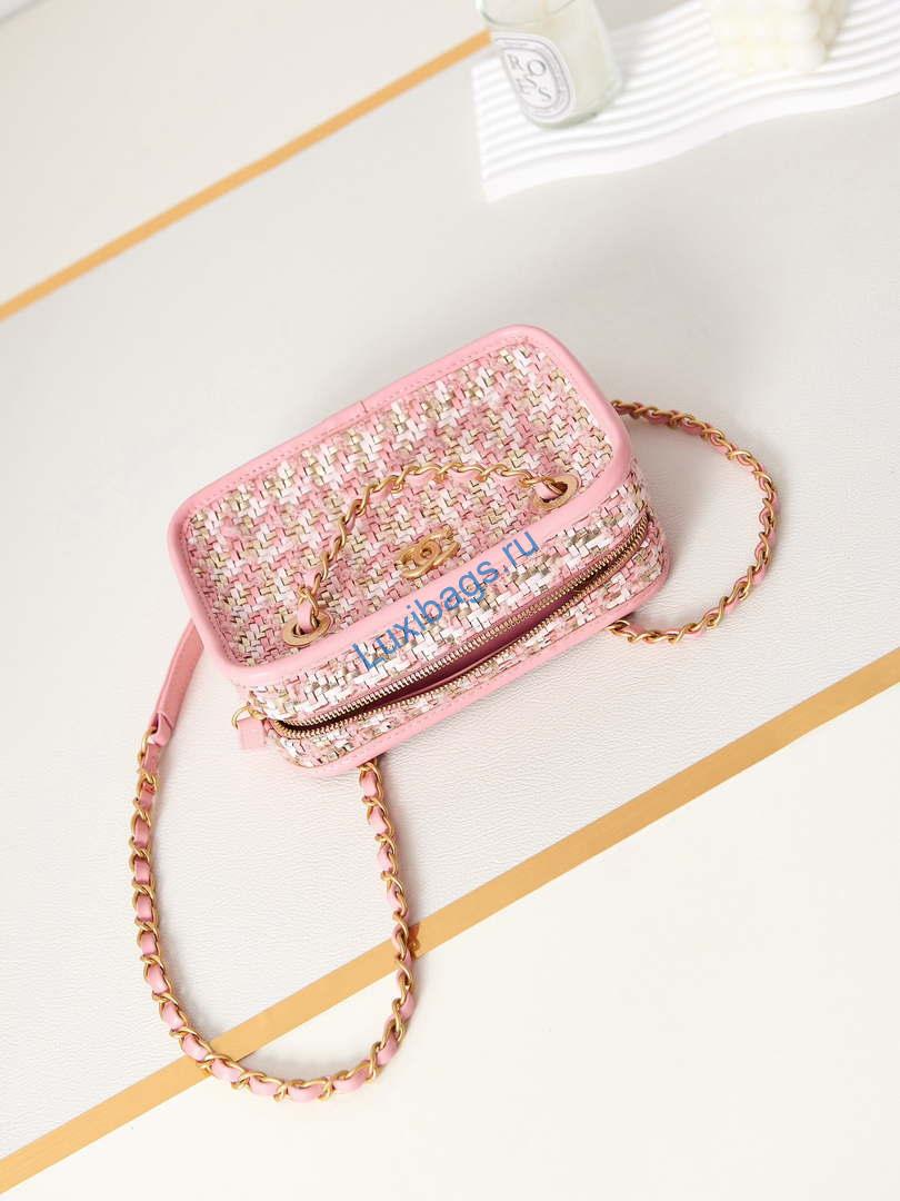 Chanel AS3768 Small Camera Case Lambskin Viscose Weaving Pink & White Gold | chanel small camera case lambskin viscose weaving gold tone metal pink white 007