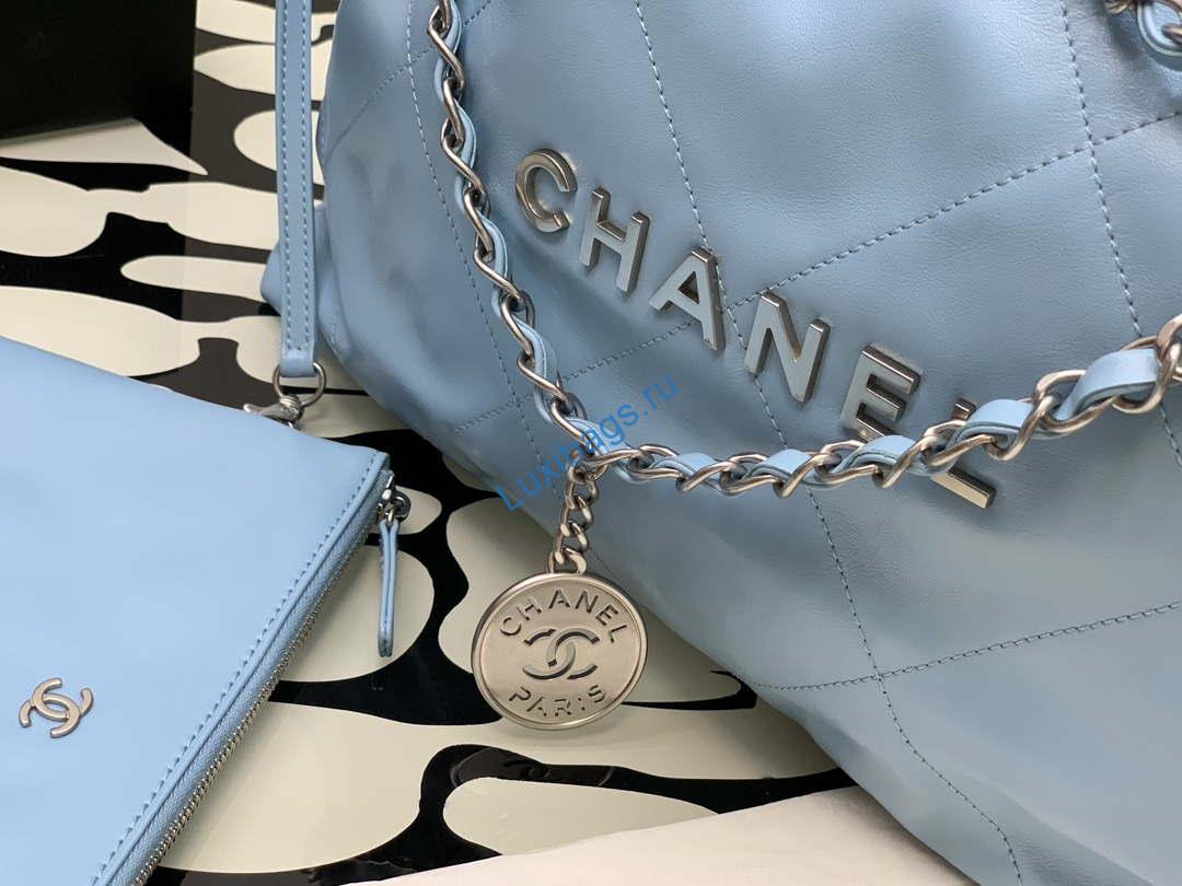 Chanel 22 Handbag Shiny Calfskin Gold AS3261 Light Blue Silver | chanel 22 handbag shiny calfskin gold as3261 light blue silver 005