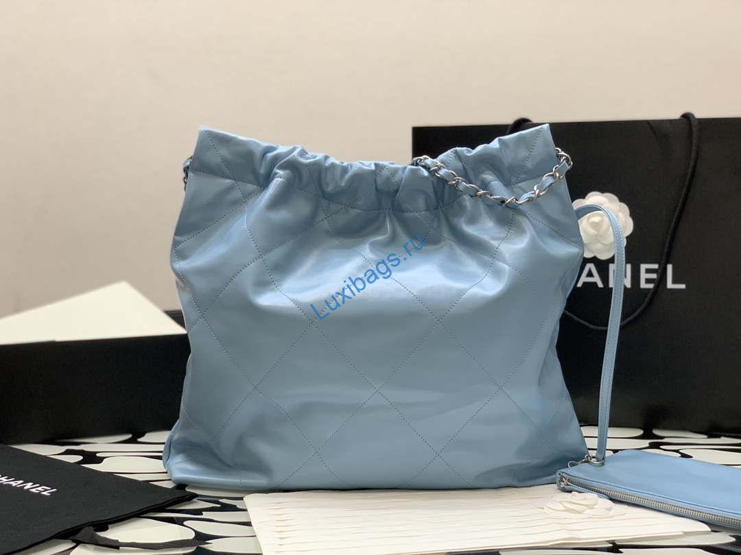 Chanel 22 Handbag Shiny Calfskin Gold AS3261 Light Blue Silver | chanel 22 handbag shiny calfskin gold as3261 light blue silver 006
