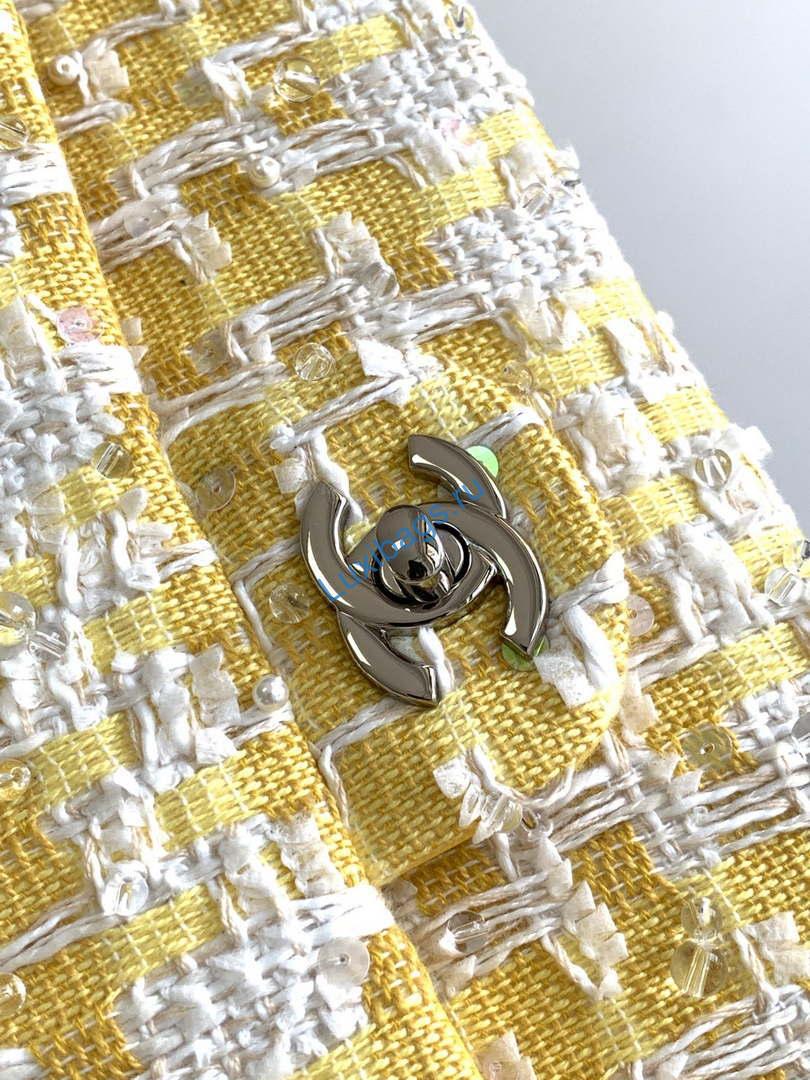 Chanel A01112 Flap Classic Handbag Tweed beads& Silver-Tone Metal Yellow | chanel a01112 flap classic handbag tweed beads gold tone metal yellow 005