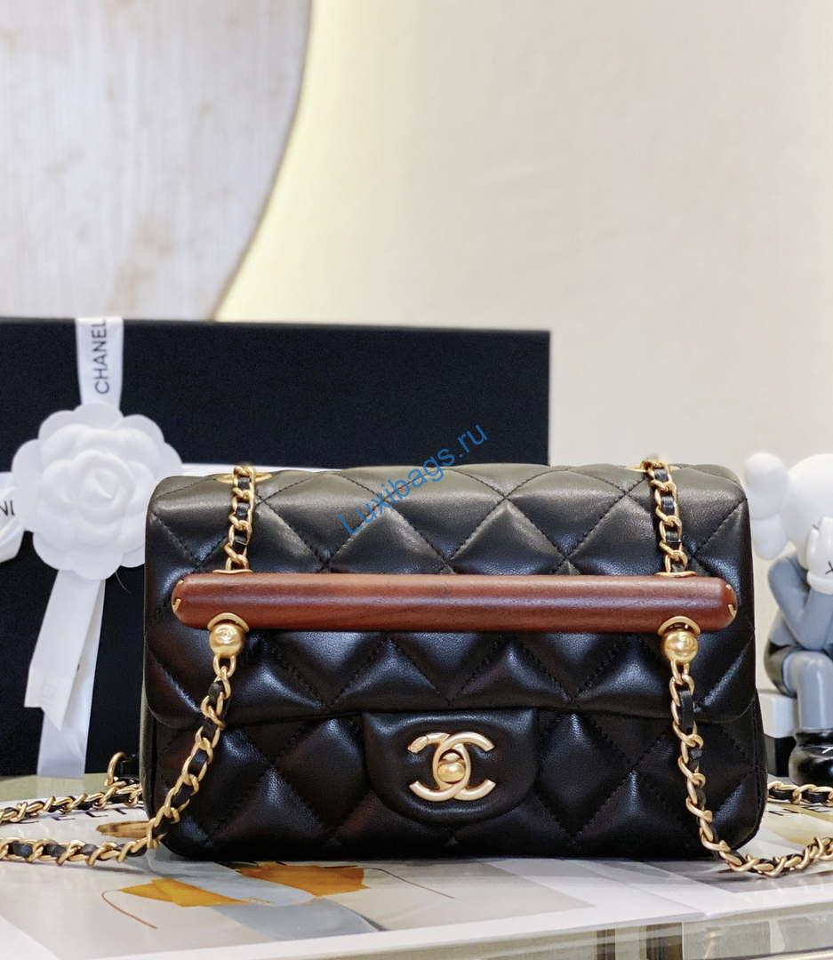 Chanel AS4151 Small Flap Bag With Top Handle Lambskin & Wenge Wood Black | chanel as4151 small flap bag with top handle lambskin wenge wood black 002