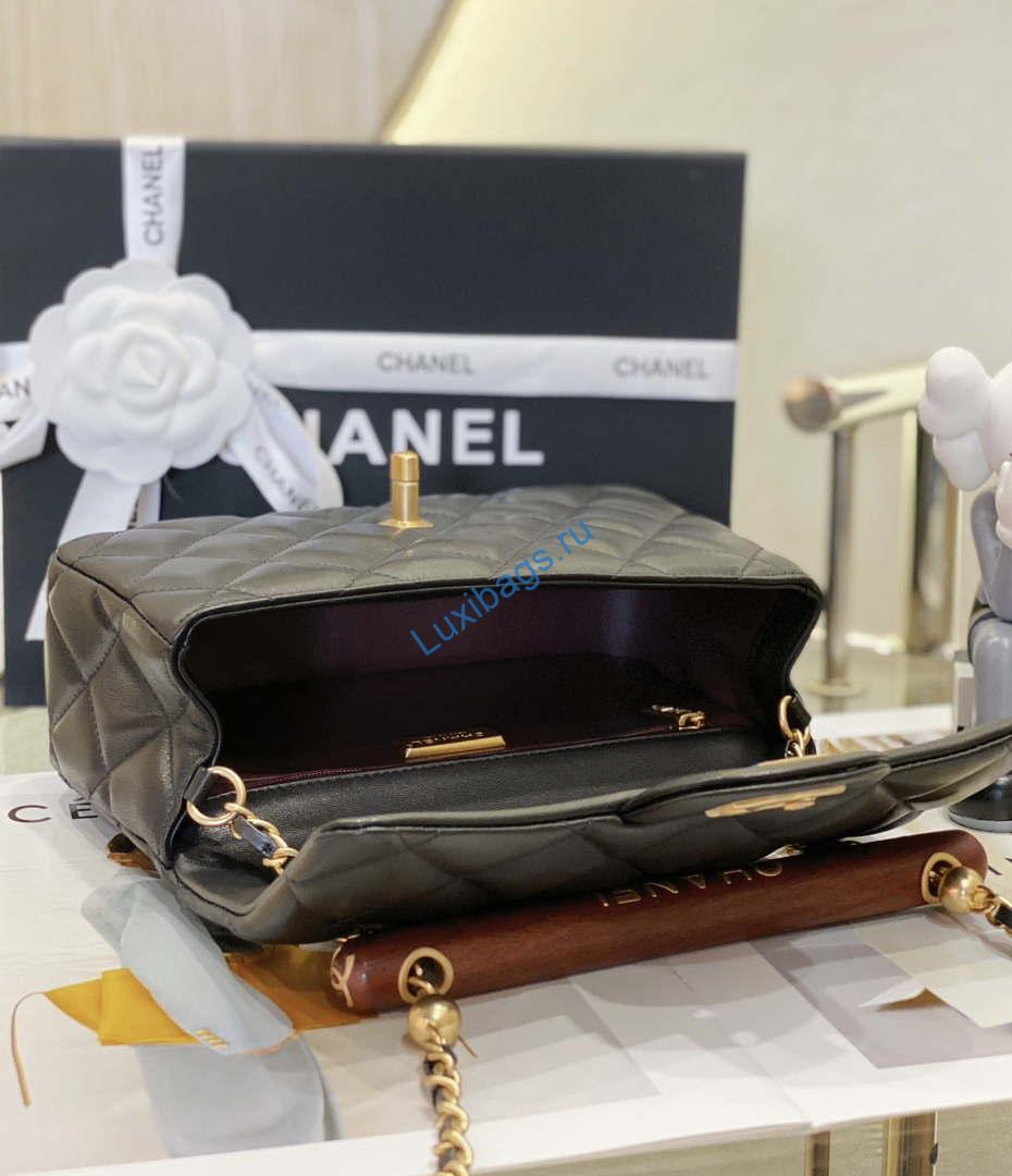 Chanel AS4151 Small Flap Bag With Top Handle Lambskin & Wenge Wood Black | chanel as4151 small flap bag with top handle lambskin wenge wood black 006
