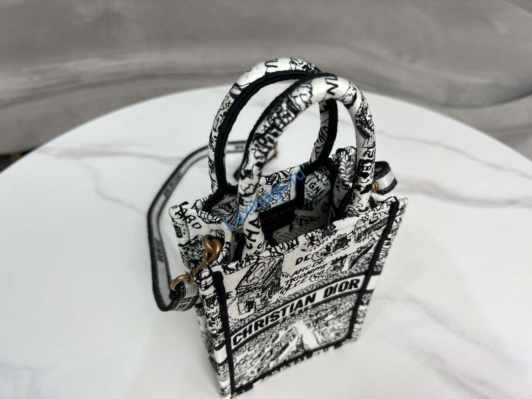 Dior S5555 Mini Dior Book Tote Phone Bag White and Black Eembroidery S1108 | dior s5555 mini dior book tote phone bag white and black eembroidery s1107 007