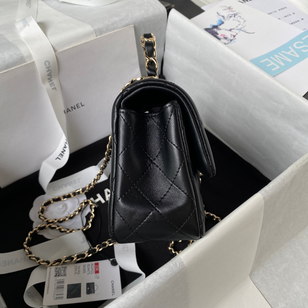 Chanel 23K AS2431 Mini flap Lambskin bag with top handle Black | chanel 23k as2431 mini flap lambskin bag with top handle black 005