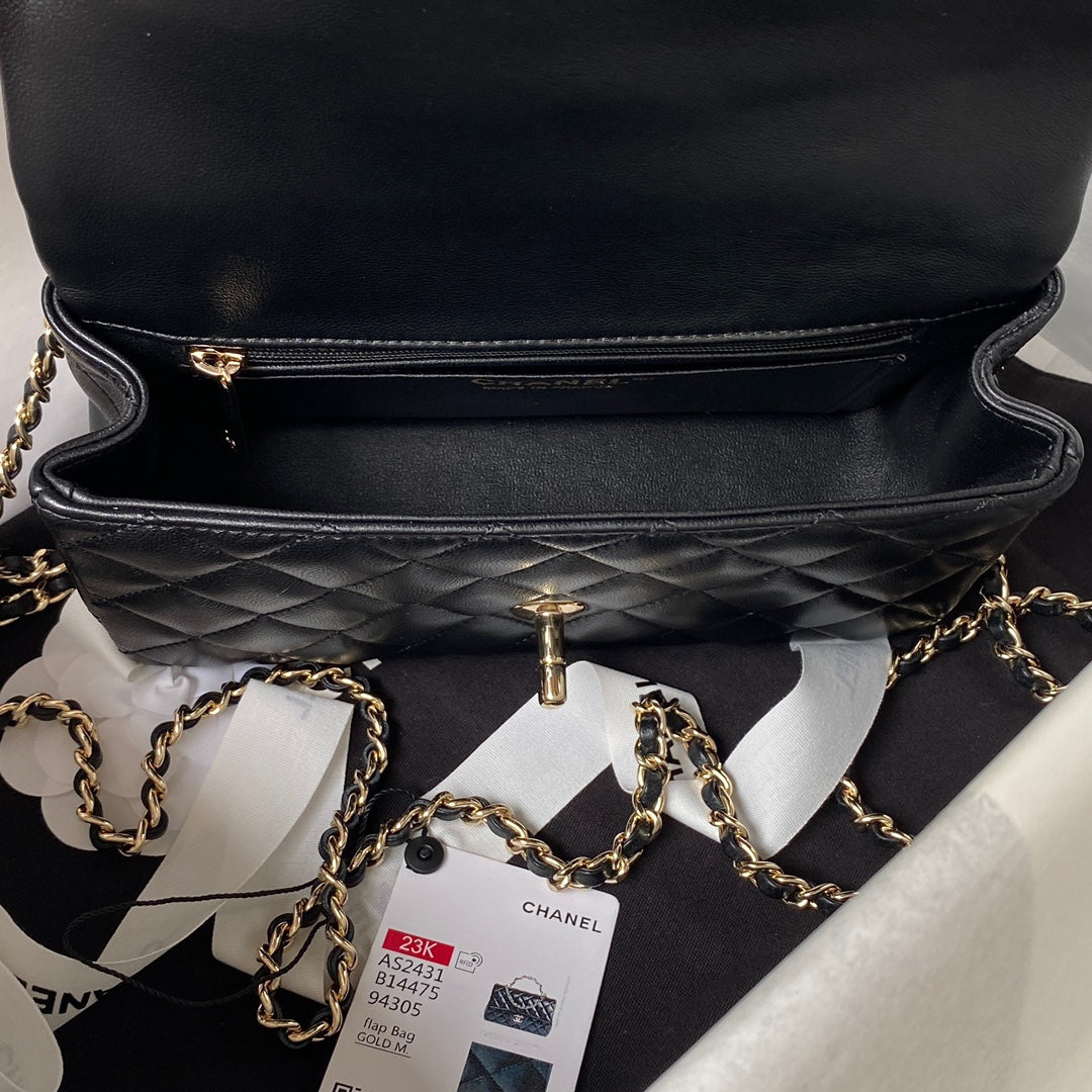 Chanel 23K AS2431 Mini flap Lambskin bag with top handle Black | chanel 23k as2431 mini flap lambskin bag with top handle black 007