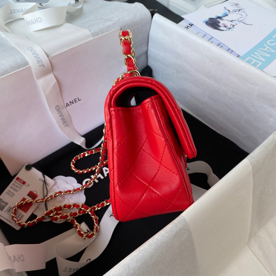 Chanel 23K AS2431 Mini flap Lambskin bag with top handle Red | chanel 23k as2431 mini flap lambskin bag with top handle red 006