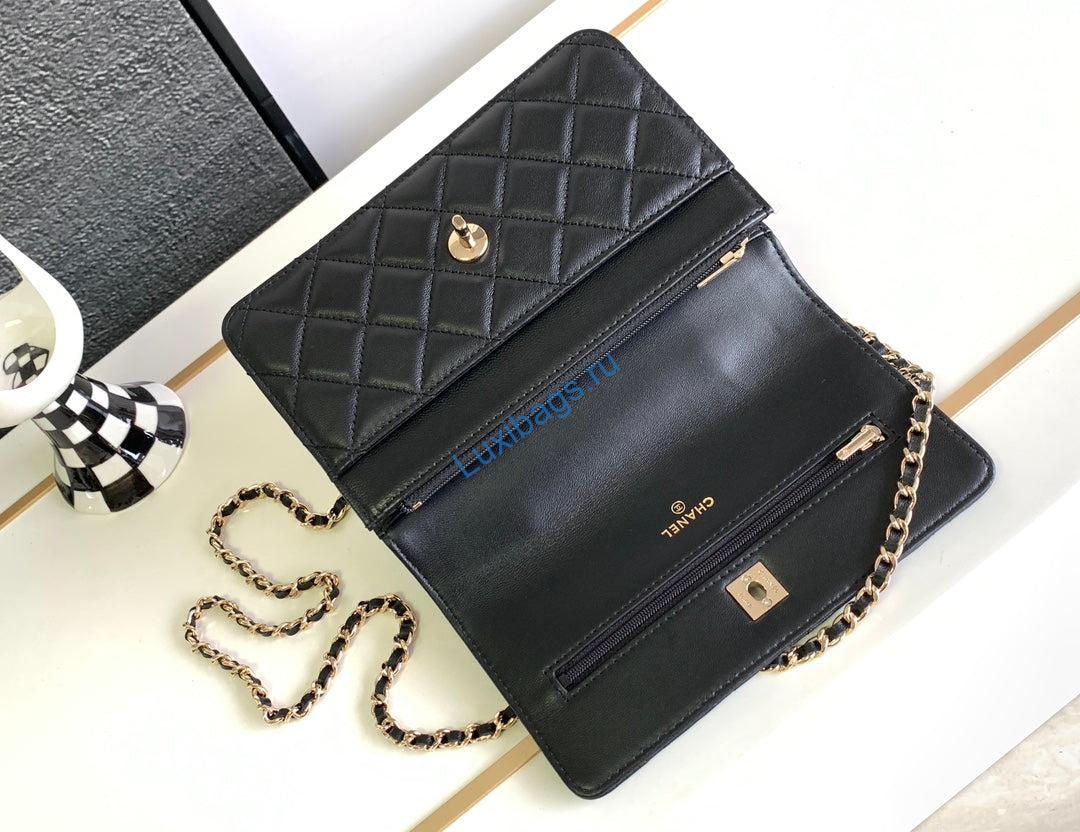 Chanel A96033 Woc Wallet on Chain With Small flower handle Black Shiny Crumpled Lambskin | chanel a68115 woc wallet on chain with small flower handle black shiny crumpled lambskin 07