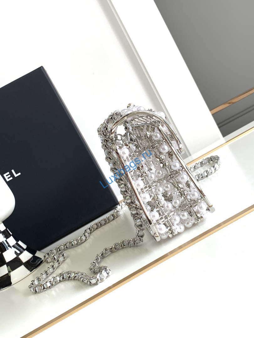 Chanel A90091 Limited Edition Pearl Metal CF Evening Flap Bag Silver metal | chanel a90091 limited edition pearl metal cf evening flap bag silver metal 002