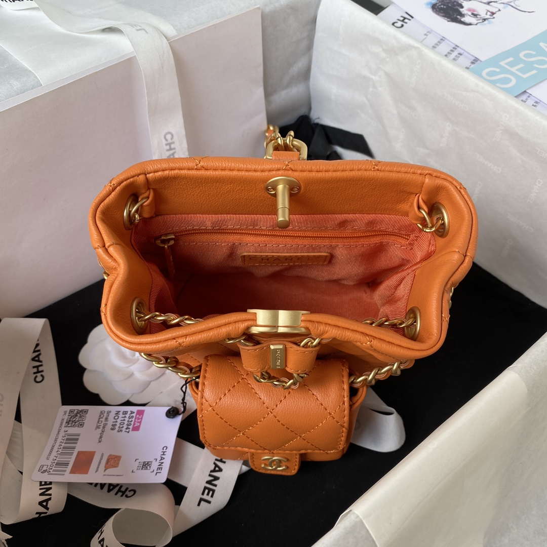 Chanel AS3947 Small Backpack Lambski & Gold-Tone Metal Orange | chanel as3947 small backpack wool tweed lambski gold tone metal green 008
