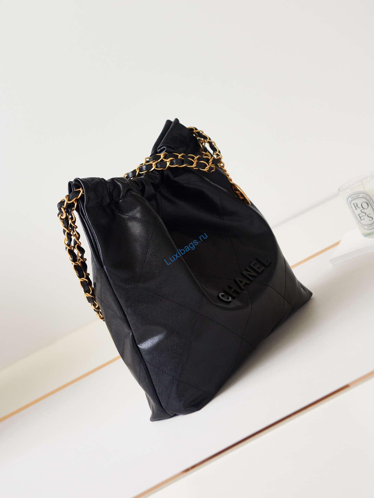Chanel 22 AS3260 Small Handbag Shiny Calfskin Black Gold with black logo | chanel 22 as3260 small handbag shiny calfskin black gold with black logo 003
