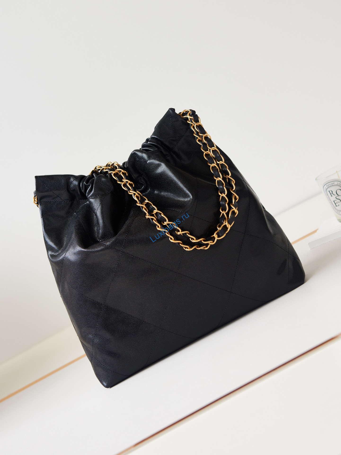 Chanel 22 AS3260 Small Handbag Shiny Calfskin Black Gold with black logo | chanel 22 as3260 small handbag shiny calfskin black gold with black logo 005