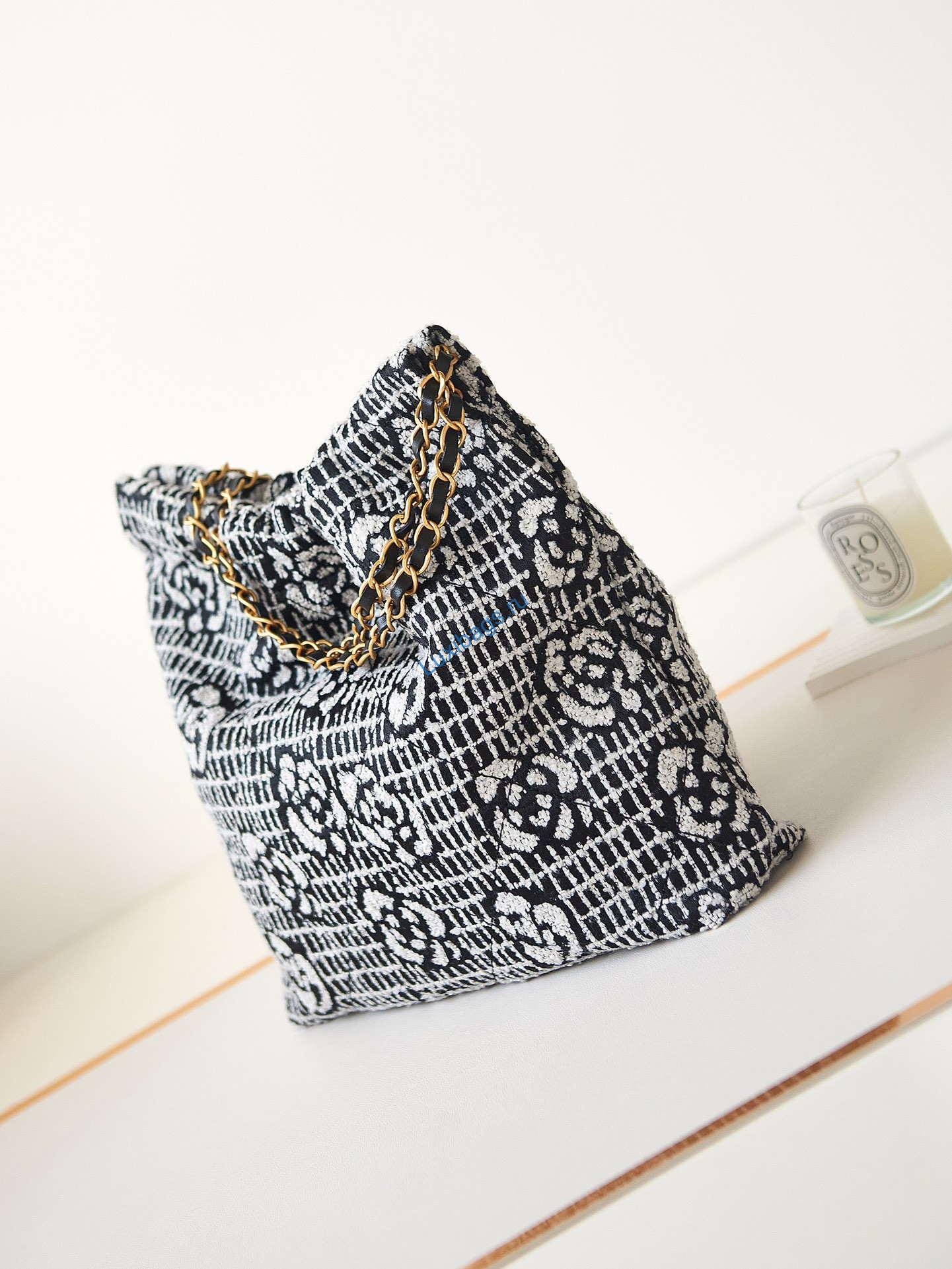 Chanel 22 AS3260 Small Handbag Velvet White &Black Gold | chanel 22 as3260 small handbag velvet white black gold 004