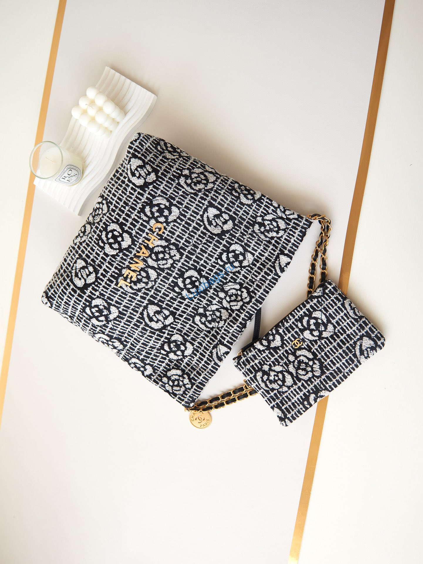 Chanel 22 AS3260 Small Handbag Velvet White &Black Gold | chanel 22 as3260 small handbag velvet white black gold 007