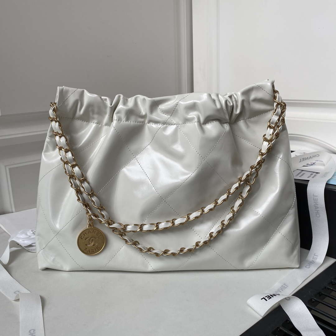 Chanel 22 Bag AS4486 Handbag Shiny Calfskin White With Gold | chanel 22 bag as4486 small handbag shiny calfskin white with gold 002