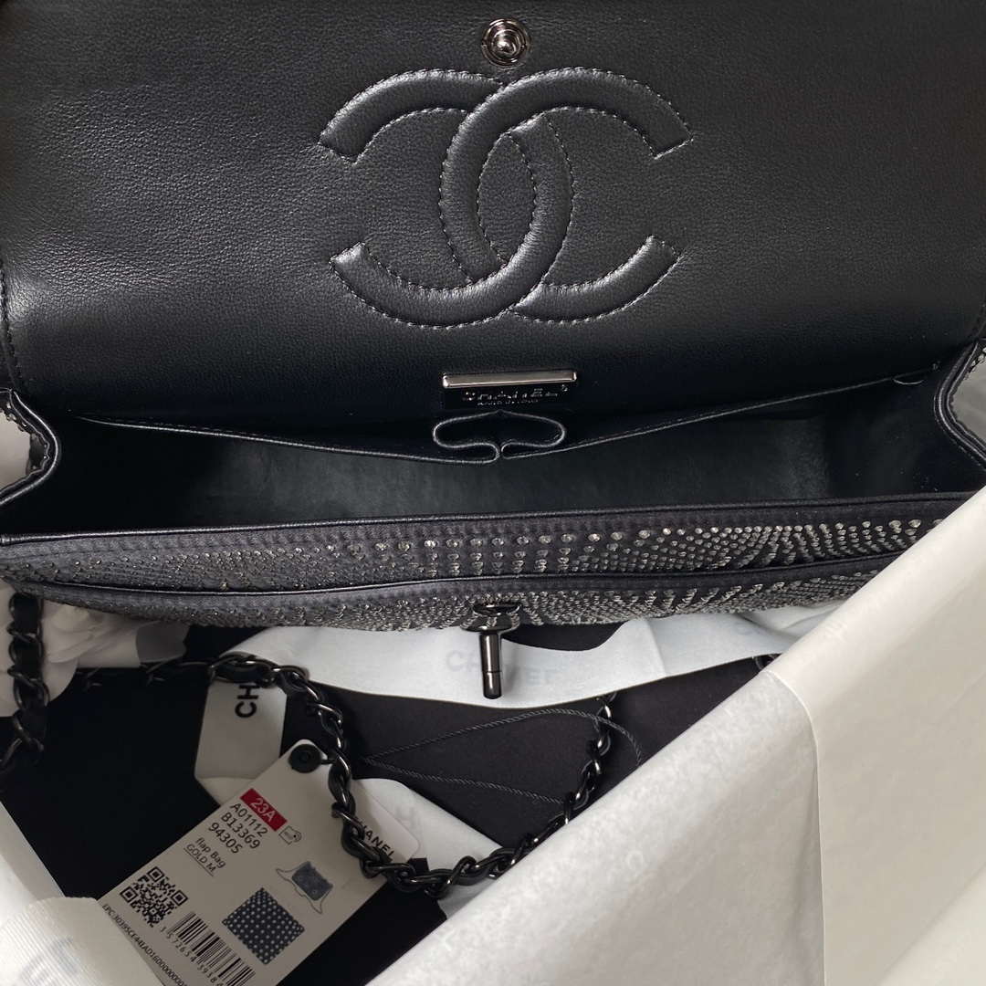 Chanel A01112 Flap Classic Handbag Velvet Crystal pearl Black | chanel a01112 flap classic handbag velvet crystal pearl black 008