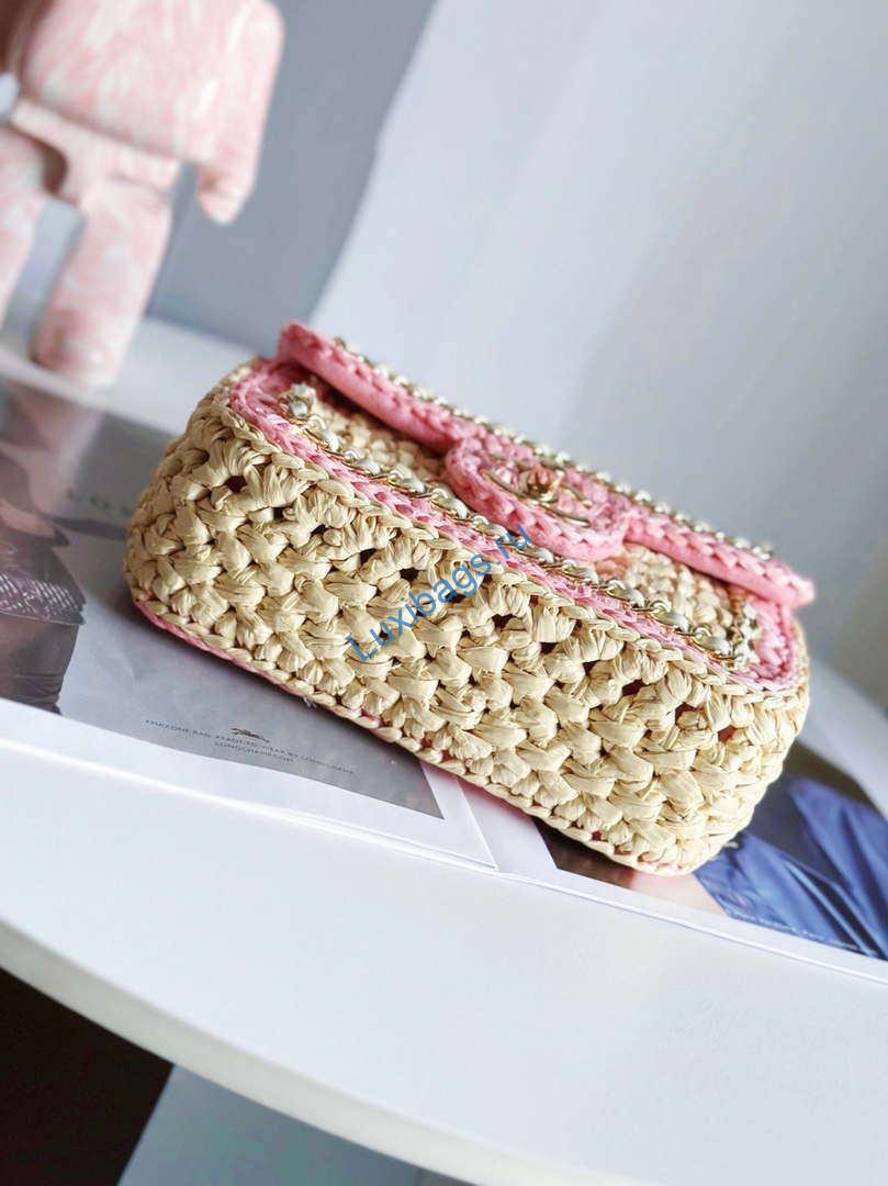 Chanel AS1115 Small Flap bag Raffia 18cm Beige & Pink | chanel as1115 small flap bag raffia 18cm beige pink 004