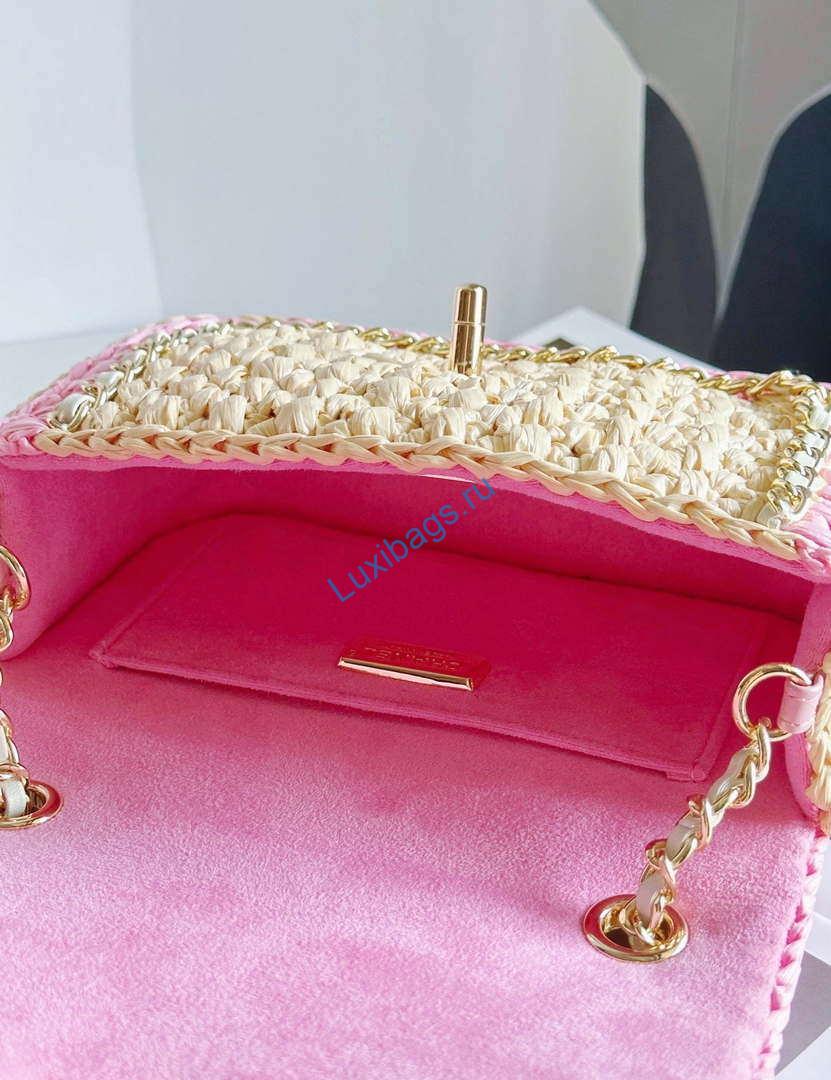 Chanel AS1115 Small Flap bag Raffia 18cm Beige & Pink | chanel as1115 small flap bag raffia 18cm beige pink 008