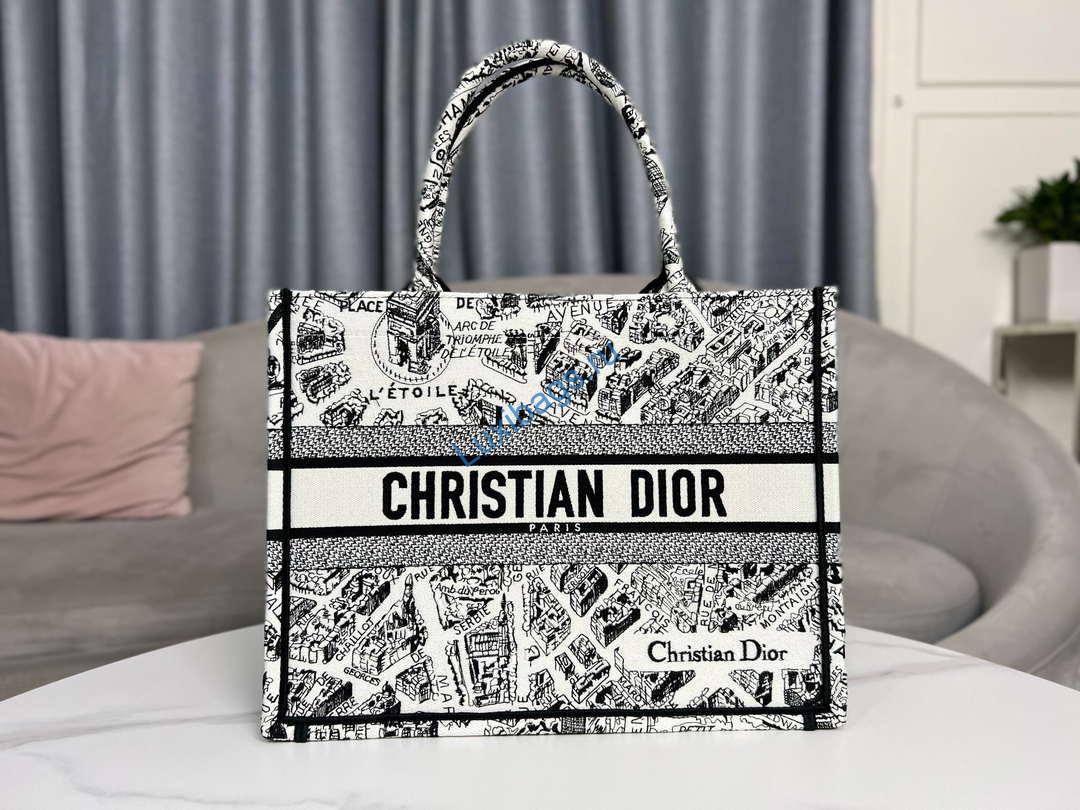 Dior Book Tote M1296 Medium Dior Black and White Plan de Paris Embroidery | dior book tote m1296 medium dior black and white plan de paris embroidery 002