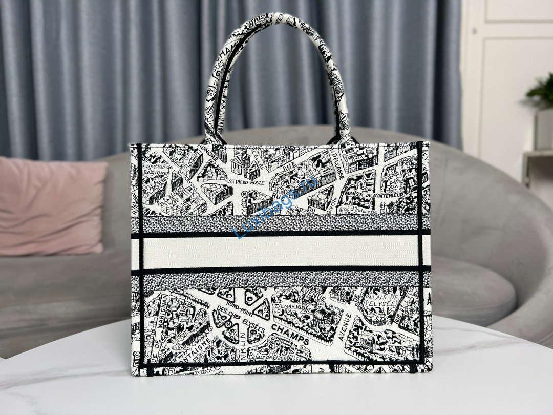 Dior Book Tote M1296 Medium Dior Black and White Plan de Paris Embroidery | dior book tote m1296 medium dior black and white plan de paris embroidery 005