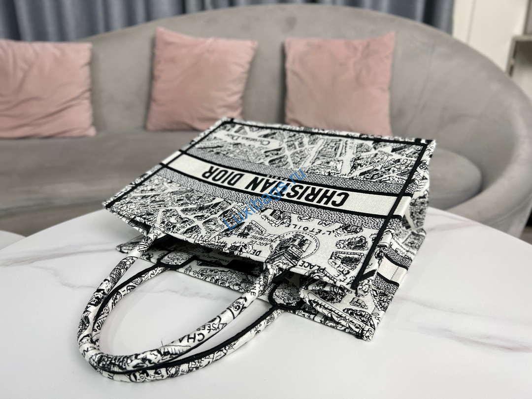 Dior Book Tote M1296 Medium Dior Black and White Plan de Paris Embroidery | dior book tote m1296 medium dior black and white plan de paris embroidery 006