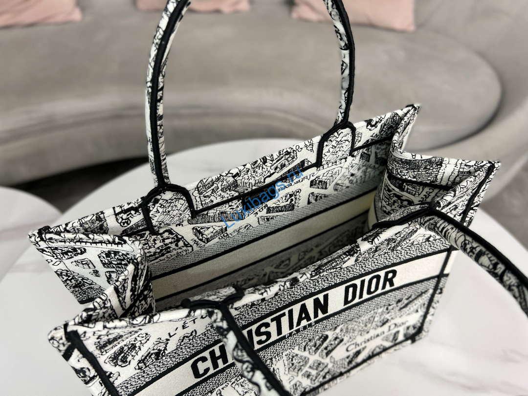 Dior Book Tote M1296 Medium Dior Black and White Plan de Paris Embroidery | dior book tote m1296 medium dior black and white plan de paris embroidery 008