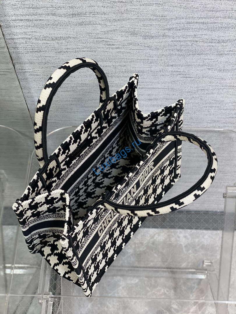 Dior M1265 Small Book Tote Black and White Macro Houndstooth Embroidery M9619 | dior m1265 small book tote black and white macro houndstooth embroidery 008