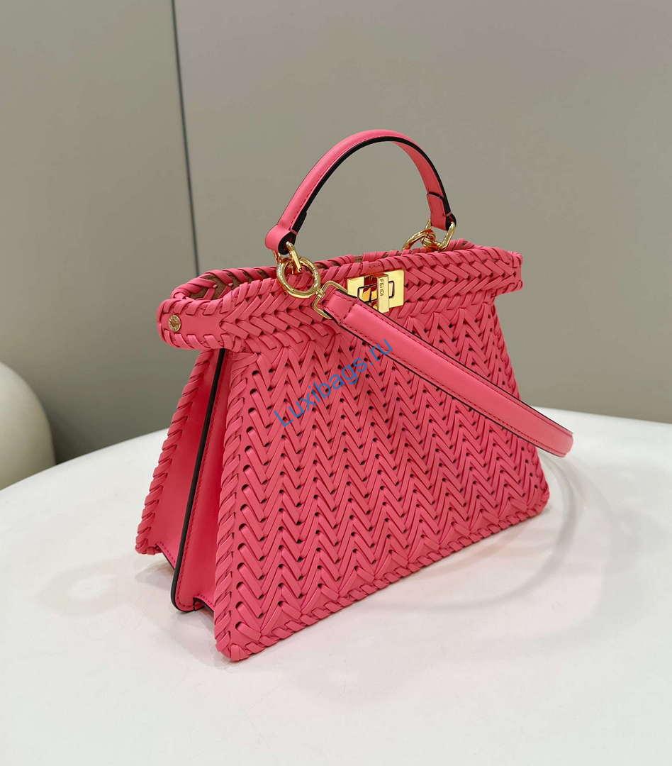 Fendi 8BN327 Peekaboo ISeeU Small Pink interlace leather bag 80138M | fendi 8bn327 peekaboo iseeu small pink interlace leather bag 004