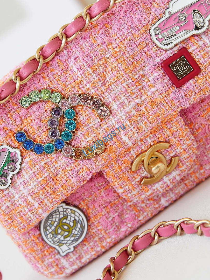 Chanel 24C A01113 Flap Handbag Classic Bag Woolen A69900 Orange & Pink | chanel 24c a01113 flap handbag classic bag woolen a69900 orange pink 002
