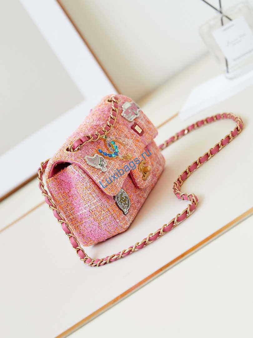 Chanel 24C A01113 Flap Handbag Classic Bag Woolen A69900 Orange & Pink | chanel 24c a01113 flap handbag classic bag woolen a69900 orange pink 003